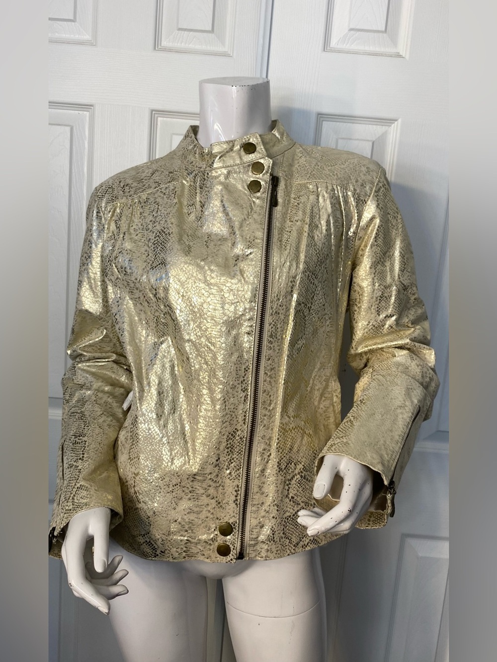 Live a Little Gold Metallic Snakeskin-Effect Leather Jacket